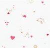 Pattern of pink hearts and gold decorative elements on a white background