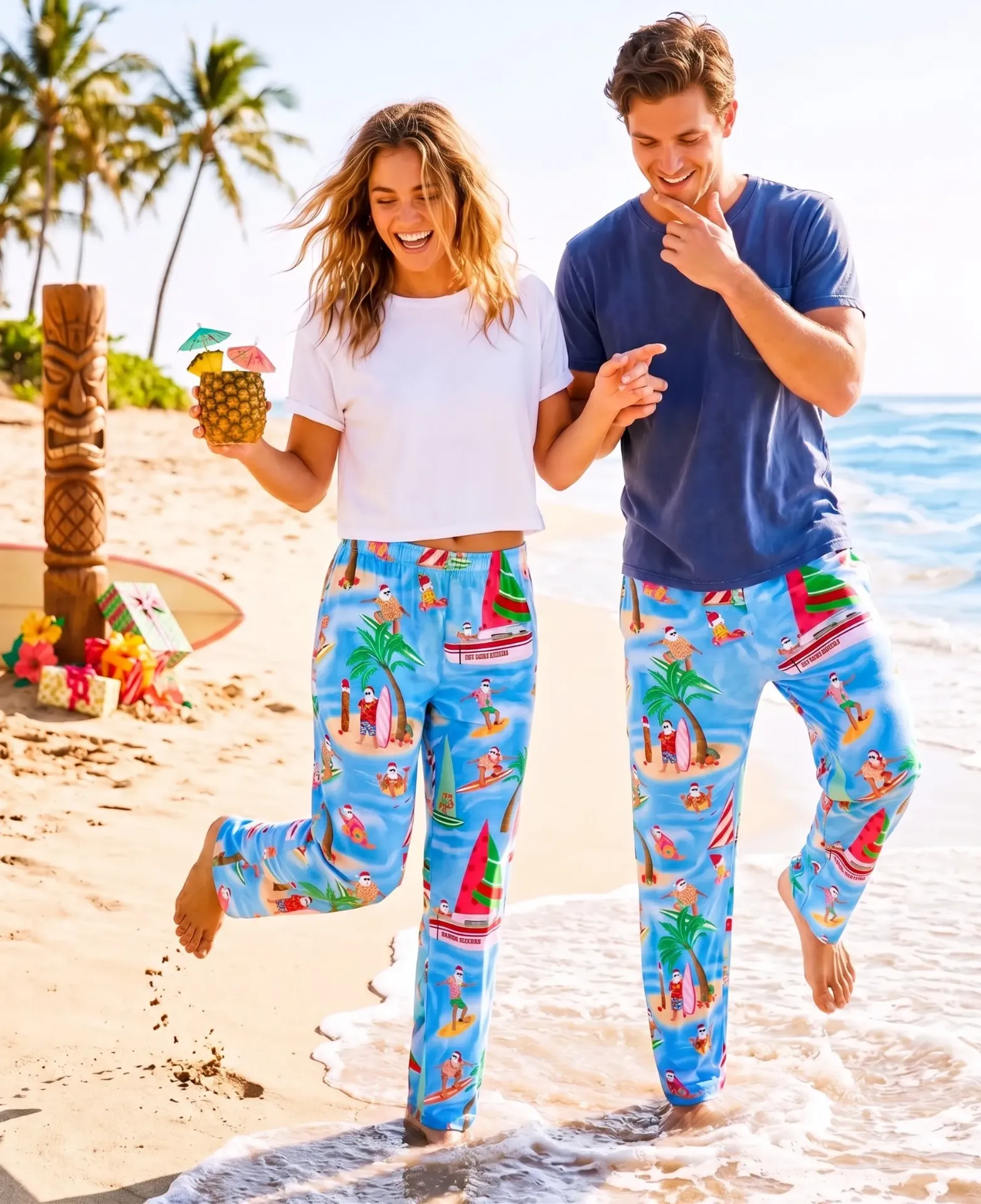 Santa on the Beach Cotton Pajama Bottoms (Unisex)