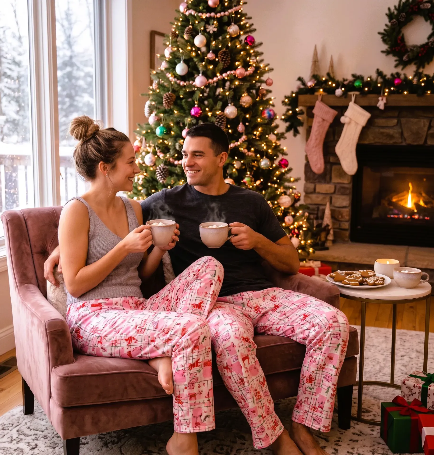 Pink Cat Christmas Pajama Bottoms (Unisex)